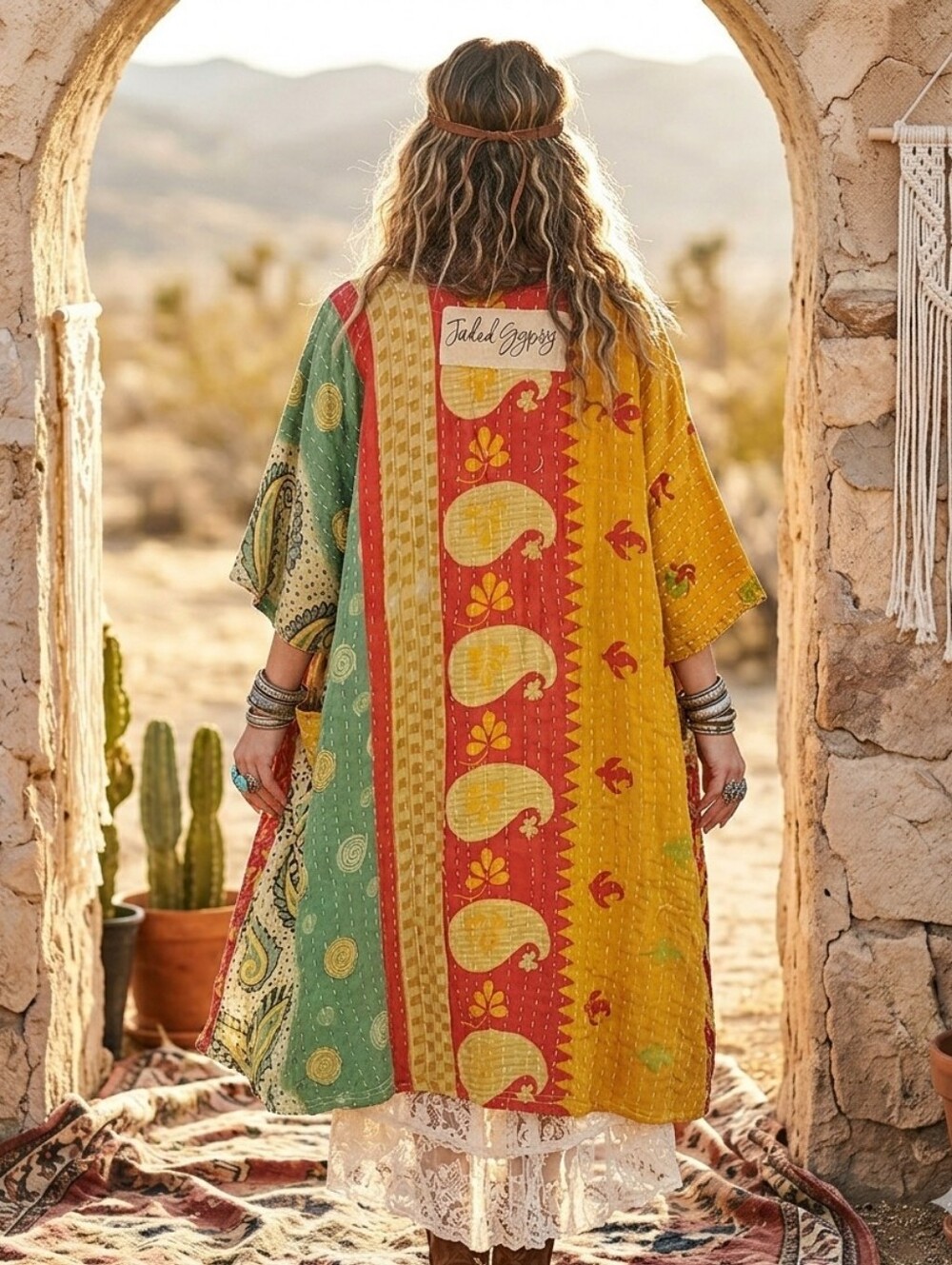 JADED GYPSEY Boho Patchwork Kimono Duster - Mustard, Pink & Green - Picture 2 of 10